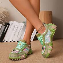 Women's Thick Sole Rhinestone Chunky Sneakers, Spring/Autumn New Full Rhinestone Breathable Heavy-Duty Street Style Mesh Inlaid Rhinestone Niche Design Height-Increasing Fashion Sports Casual Shoes - Green - View 5