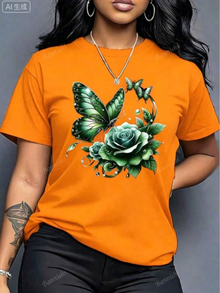 Women'S Casual Crew Neck T-Shirt With Purple Rose And Butterfly Graphic Print,Ideal Birthday Or Holiday Gift, White And Navy The-Shoulder Cropped Top - 橘色 - 查看 1