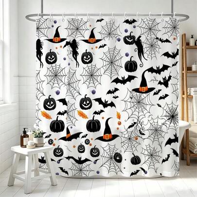 1pc Multi-Size Minimalist Black & White Spider Web Halloween Shower Curtain - Suitable For Bathroom Decor, Bathroom Curtain - Easy To Clean, Exquisite Home Decor, Bathroom Partition Curtain, Decorative Shower Curtain, Bathroom Accessories Home Decor Gift - Includes 12 Hooks