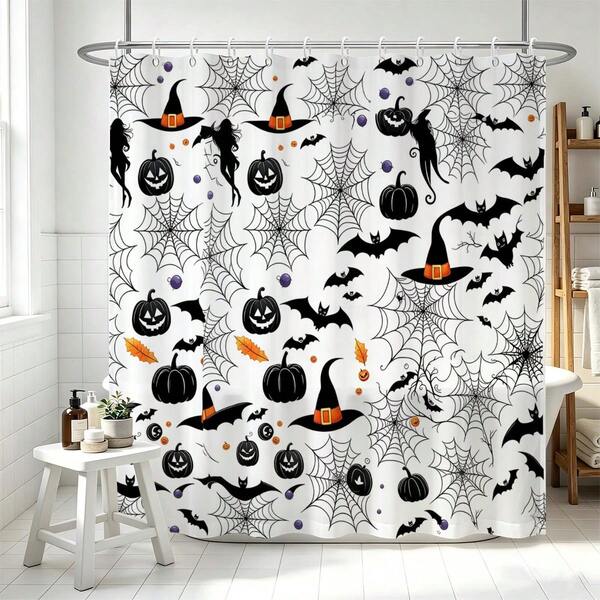 1pc Multi-Size Minimalist Black & White Spider Web Halloween Shower Curtain - Suitable For Bathroom Decor, Bathroom Curtain - Easy To Clean, Exquisite Home Decor, Bathroom Partition Curtain, Decorative Shower Curtain, Bathroom Accessories Home Decor Gift - Includes 12 Hooks