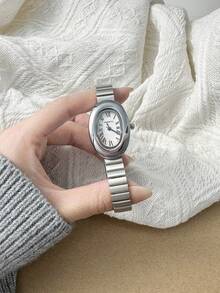 1pc Women's Vintage Oval Gold-Tone Steel Band Roman Numeral Quartz Wristwatch, Suitable For Office Commute And Vintage Outfit Wear - Silver - View 5