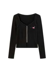 CHUU Letter Cherry Embroidery Long Sleeve T-Shirt Women Autumn Ruched Zipper Cardigan Short Top - Black - View 6