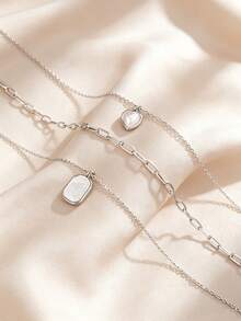 3 PiecesVintage Stainless Steel Necklace Set For Women Featuring Heart And Square Mother-Of-Pearl Pendants – Perfect For Everyday Layering - Silver - View 2