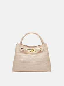 Stone Texture Shoulder Handbag With Metal Rope Buckle, Niche Design Large Capacity Crossbody Bag - Beige - View 8
