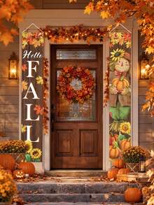 1/2 Stücke Hello Fall Vogelscheuchen-Veranda-Banner-Set, Ahornblatt Sonnenblume Kürbis vertikale Hängende Flagge, rustikaler Holzmaserungs-Muster Türdekoration, Herbst Thanksgiving Ernte Haustür Außenhof Bauernhaus-Stil Partydekoration - Herbst Vogelscheuche Sonnenblume - Übersicht 1