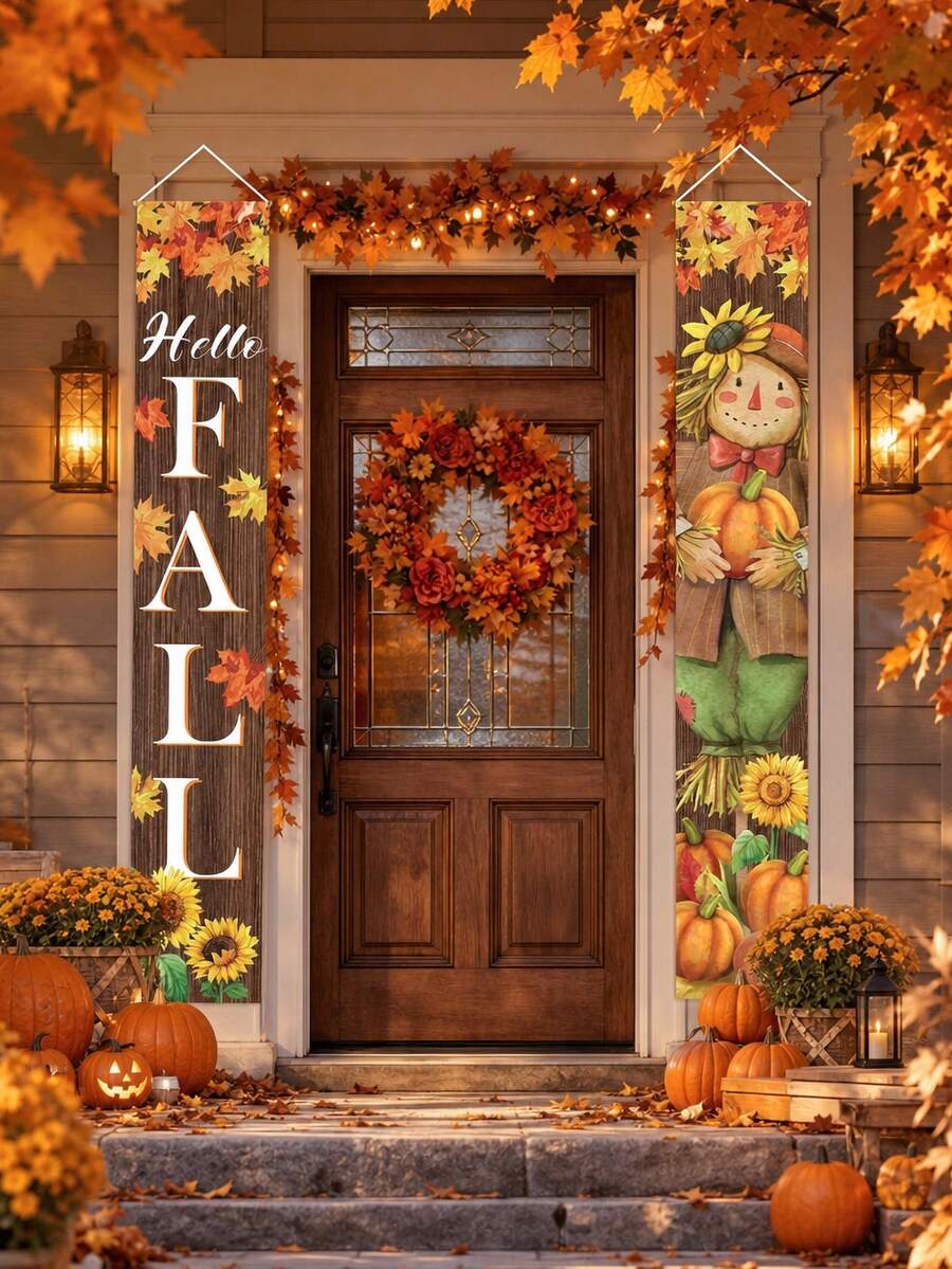 1/2 Stücke Hello Fall Vogelscheuchen-Veranda-Banner-Set, Ahornblatt Sonnenblume Kürbis vertikale Hängende Flagge, rustikaler Holzmaserungs-Muster Türdekoration, Herbst Thanksgiving Ernte Haustür Außenhof Bauernhaus-Stil Partydekoration - Herbst Vogelscheuche Sonnenblume - Übersicht 1