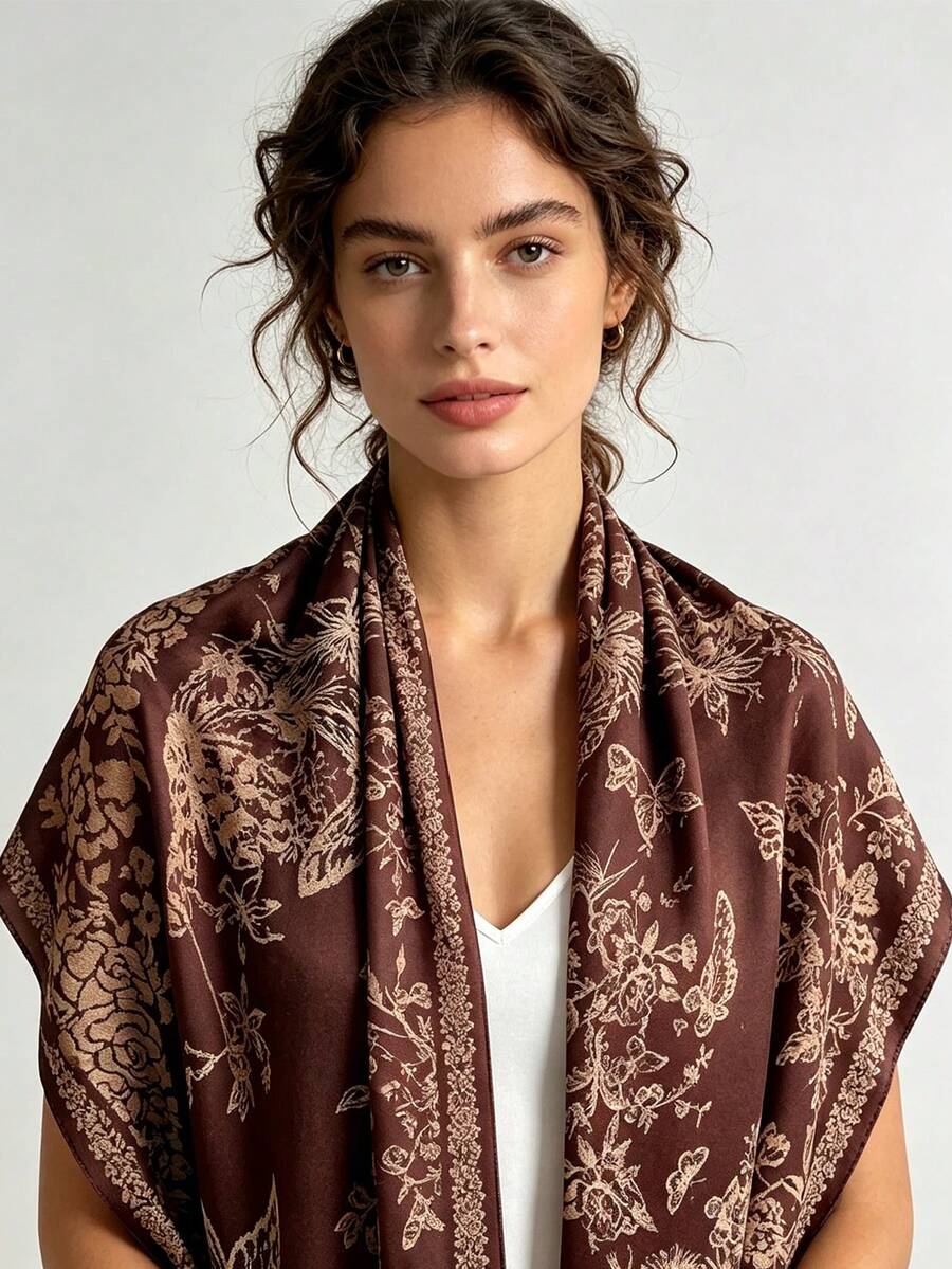 1pc 73*185cm Gradient Dark Brown Full Floral Butterfly Pattern Scarf, Medium Thick Multi-Way Shawl Headscarf, All Seasons Casual Wear - Multicolor - View 1