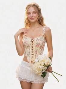 Aesletic JSE Blume Muster Kreuz-Schnürung Schleife Korsett Bustier Top - Gelb - Übersicht 1