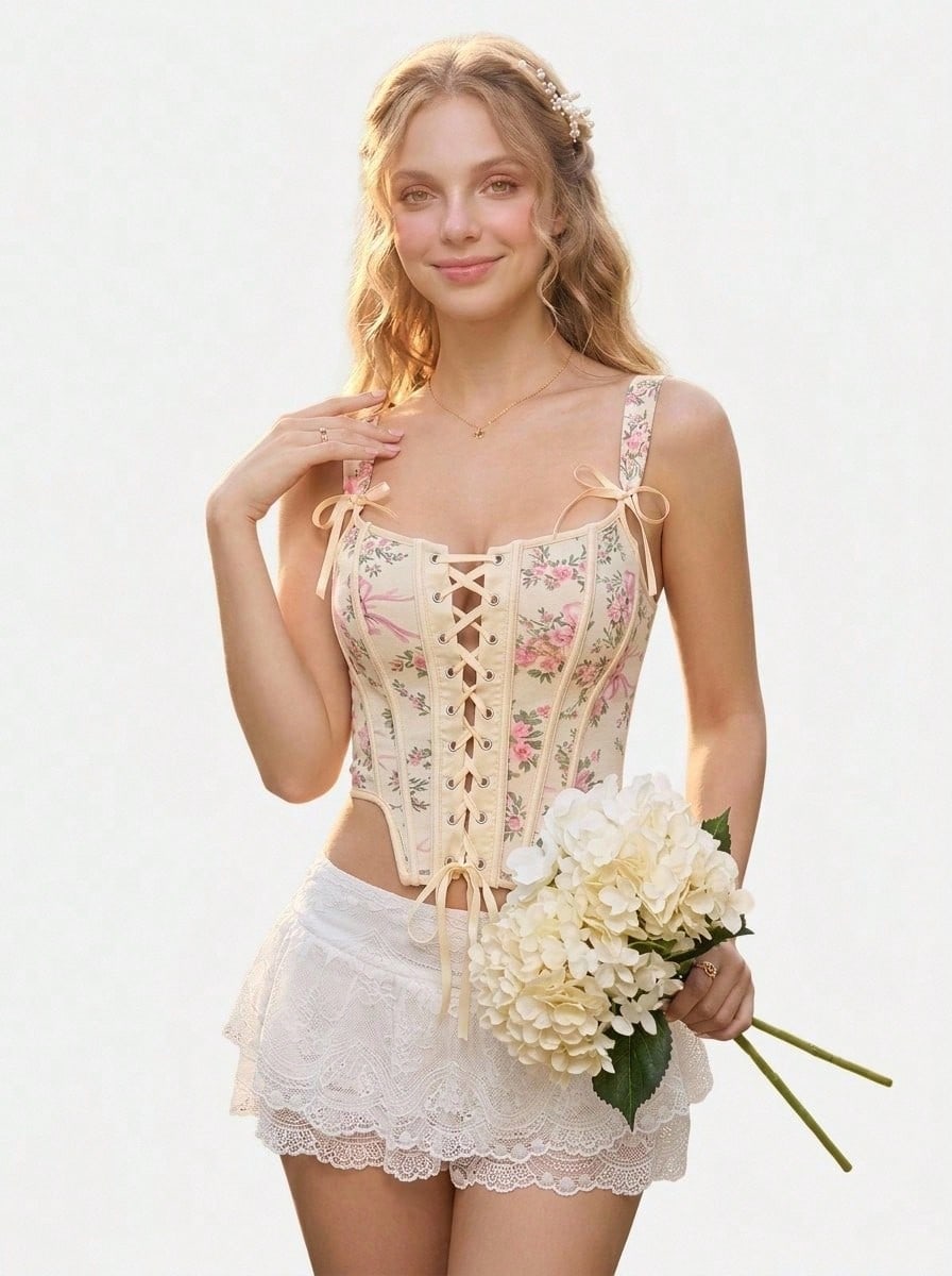 Aesletic JSE Blume Muster Kreuz-Schnürung Schleife Korsett Bustier Top - Gelb - Übersicht 1