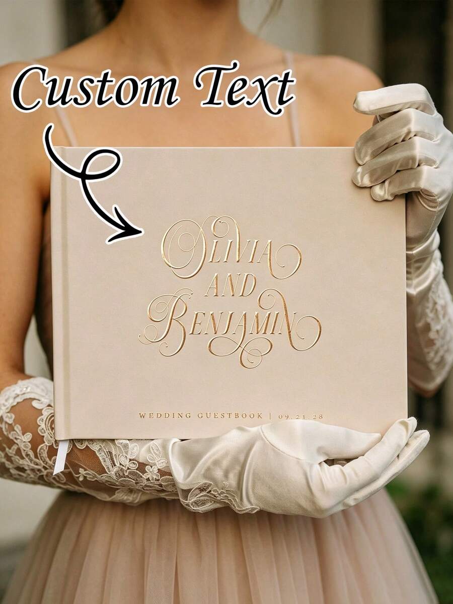 客製化優雅婚禮簽名簿 硬殼相簿式婚禮客簿 復古玫瑰金燙金 浪漫米色空白頁 可簽名與貼照片 多用途客簿 適用於週年紀念、派對、生日 - 彩色 - 查看 1