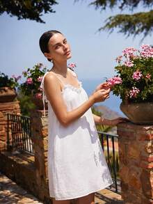 夏季女款寬鬆無袖度假吊帶裙 舒適雙口袋可穿睡衣 夏季女裝洋裝 - 白色 - 查看 8