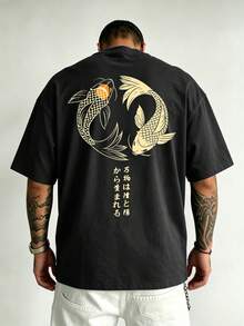 男士大尺碼印花T恤，海軍藍日式錦鯉魚印花，街頭風休閒上衣 - 黑色 - 查看 1