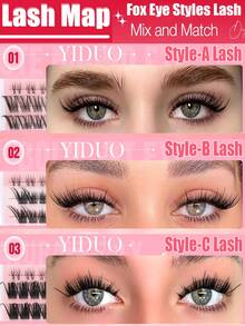 YIDUO 980pcs 6-Style Mixed Cluster Eyelash Extension Set, 80D-300D Pointed Base Dense D Curl Lashes 5-20mm, Includes 2 Bottles Of Adhesive And Sealer, Remover, Tweezers And Brush Complete DIY Set, Suitable For Home Use - Multicolor - View 3