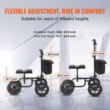 Patinete de Rodilla Plegable Orientable de Acero al Carbono con Manillar Ajustable en Altura y Rodillera, Rueda Todoterreno, Frenos Dobles, Recuperación de Piernas, Carga de 160 kg, Negro - Negro - Ver 3