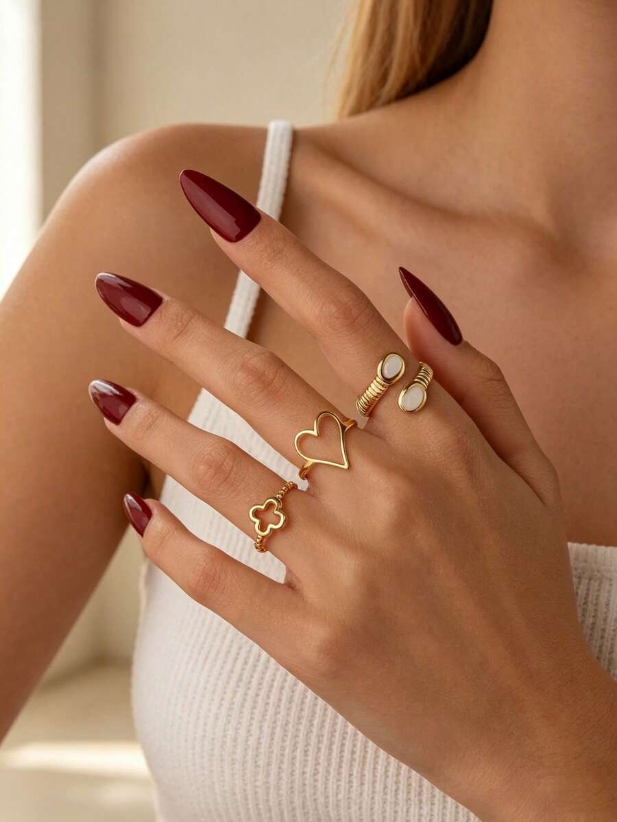 3pcs/Set Rantai Stainless Steel 14K Bentuk Hati & Manik-Manik Daun Semanggi, Cincin Terbuka, Cocok untuk Pemakaian Sehari-hari Wanita, Hadiah Hari Ibu - Emas - View 1