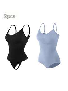 2Pcs High Waist Tummy Control Thong Bodysuit Figure - 黑藍 - 查看 4