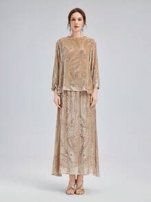 Rich Radi Q's Rok A-Line Panjang Sedang Elegan untuk Wanita, Dihiasi dengan Bordir Indah, Kain Tenun Menciptakan Gaya Bohemian Kasual - Aprikot - View 4