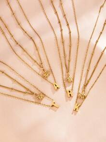 2pcs/Set Elegant Stainless Steel Golden Tiny Flower 26 Alphabet Pendant Necklace Set Personalized Name Initial Layered Jewelry For Women Daily Gift - Multicolor - View 3