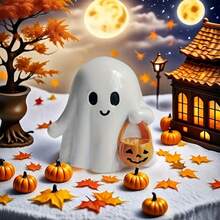 1pc Cute Halloween Ghost Figurine With Pumpkin Bucket, Spooky Desktop Decor, Suitable For Desk, Shelf, Tray, Party And Home Scenes - Multicolor - View 1