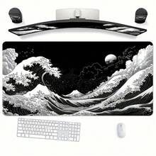 1 Stück extra großes japanisches schwarzes Wellen-Gaming-Mauspad, ergonomisches Design, rutschfeste Gummibasis, japanisches Landschaftsmuster, geeignet für PC und Tablet, langanhaltend glatte Oberfläche, großes Mauspad Schreibtischmatte - A - Übersicht 7