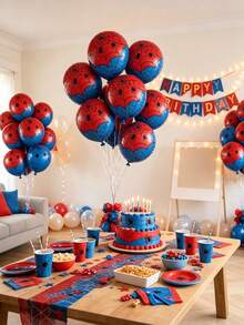 10pcs Red & Blue Mesh Round Aluminum Foil Party Balloons, Halloween Theme Decoration, Birthday, Wedding Party, Gathering Gift Balloons - Spider Sphere - View 2