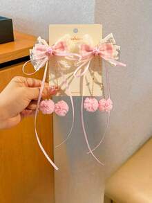 2pcs Girls Exquisite Premium Fabric Plaid Bow Chain Tassel Ribbon Hair Clips, Gift For Back To School, Daily Wear - Pink - View 4
