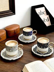1/3 Sets 110ml Premium Nordic Ceramic Cup & Saucer Set,Piano Note Pattern Coffee Mug With Heat Resistant Handle, Dishwasher , Perfect For Espresso Afternoon Tea Cup,Party & Kitchen, Ideal Gift For Women/Girls ,Housewarming,Back To School Present - Multicolor - View 8