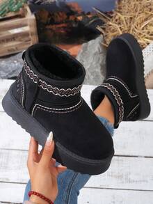 Women's Snow Boots, Anti-Slip Wear-Resistant Suede Embroidery Pattern Round Toe Short Shaft Thick Sole Snow Boots, Casual Bohemian Style, Autumn/Winter Camping Dating Home Outing Boots - Black - View 7