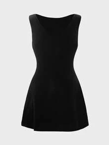 QUNGIGU Women Velvet Boat Neck Dress Sleeveless Straight Mini Apparel For Cocktail Party Going Out Dating - Black - View 9