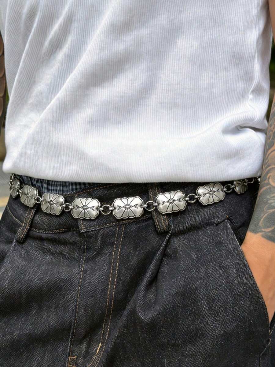 1件裝嘻哈復古圖案腰鍊男士高級龐克個性化金屬腰帶，適合派對、街頭嘻哈與日常穿搭 - 銀色 - 查看 1