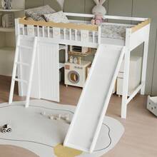 High Kids Bed Frame With Slide And Storage Cabinet - Natural and White - View 3