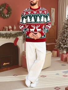 Christmas New Jacquard Vintage Reindeer Christmas Tree Snowflake Knit Crew Neck Sweater - Red - View 4