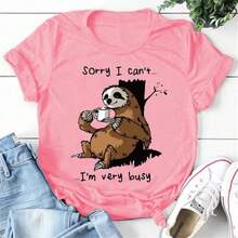 Sloth "Sorry, I'm Too Busy" Women's T-Shirt, Printed T-Shirt, Short Sleeves, Round Neck Cute Summer Graphi,Daily Outfit For Women,Perfect Gift For Her - QL7524A - White - View 4
