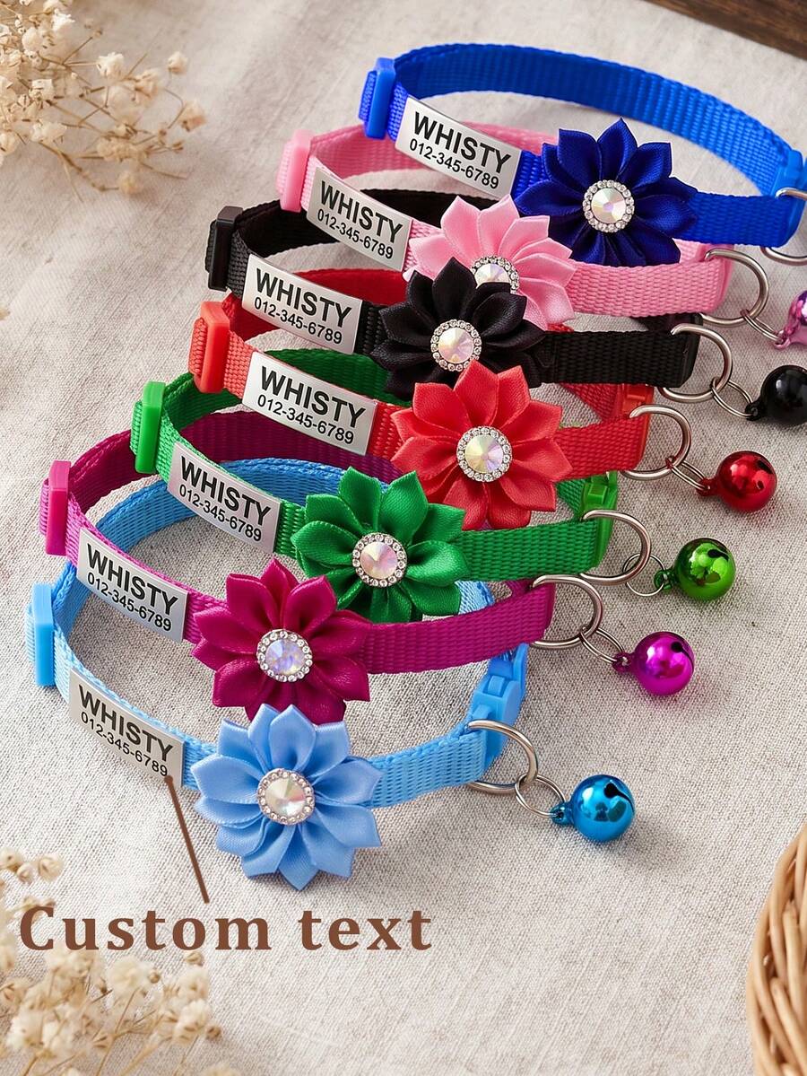 1pc Customized Rhinestone Flower Decor Pet Collar, Cartoon Anti-Choking Buckle Adjustable Size, Suitable For Cats Under 5kg Or Small/Medium Dogs, Personalized Label,Christmas Gift Supplies - Multicolor - View 1