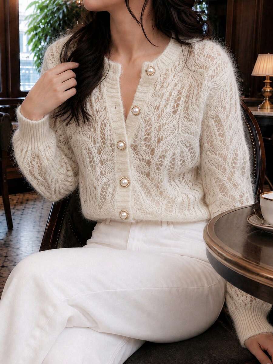 女款休閒日常圓領前開襟長袖羅紋珍珠鈕扣時尚高端襯衫 秋季 - 杏色 - 查看 1