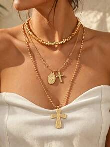 3pcs Fashion Old Money Style Gold Asymmetrical CCB Collarbone Chain Geometric Oval Cross Pendant Necklace Set, Creative Neck Jewelry For Women, Suitable For Party, Music Festival, Daily Wear, Versatile Choker - Gold - View 1