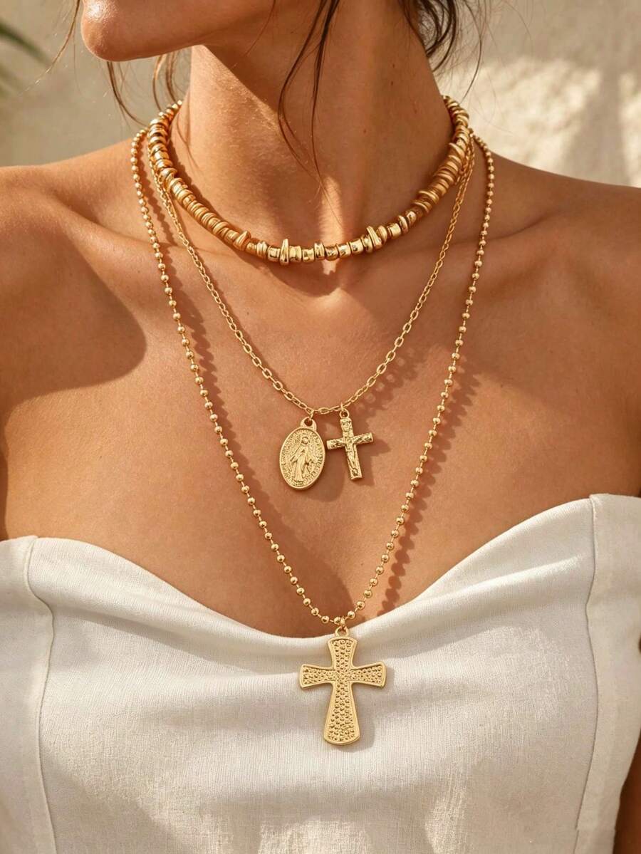 3pcs Fashion Old Money Style Gold Asymmetrical CCB Collarbone Chain Geometric Oval Cross Pendant Necklace Set, Creative Neck Jewelry For Women, Suitable For Party, Music Festival, Daily Wear, Versatile Choker - Gold - View 1