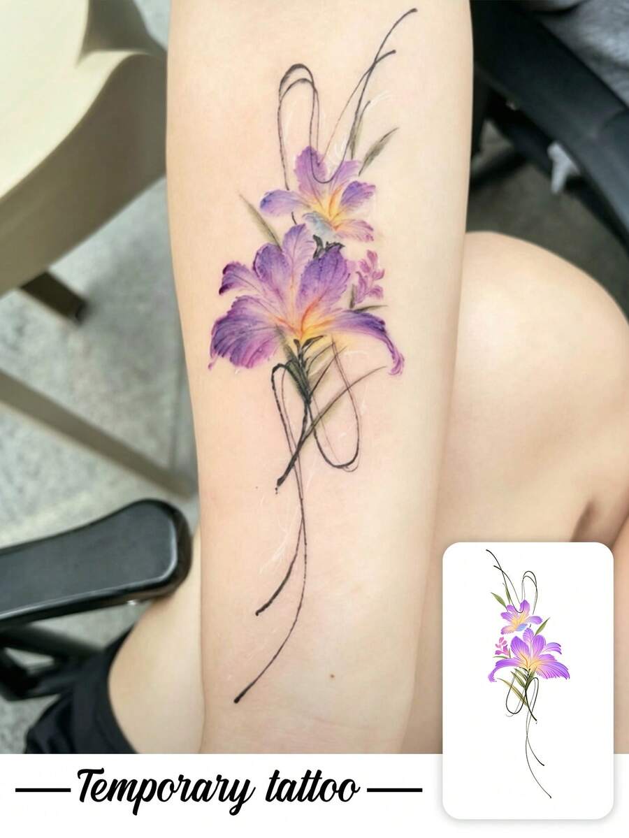 1件清新淡紫色與黃色漸層百合花枝簡約垂直臨時紋身貼,假紋身,適用於單身女派對伴手禮、音樂節、遊戲與畢業禮物,可維持3-5天 - 彩色 - 查看 1