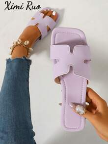 Ximi Ruo Spring/Summer New Women's Fashion Casual Slide Sandals, Comfortable Flat Low-Heel Round Toe Minimalist Outdoor Beach Slippers, Versatile Decorative Flat Bottom Summer Sandals For Women - Purple - View 7