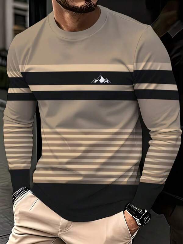 Men's Casual Long Sleeve Crew Neck Soft Breathable T-Shirt, Regular Fit, Suitable For Sports Training, Outdoor Activities And Daily Wear