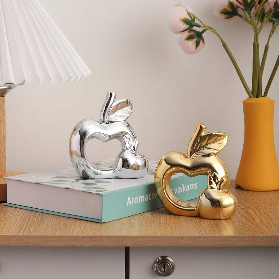 1pc Luxury Metallic Ceramic Hollow Heart Apple Statue Ornament, Ceramic Material, Glossy Surface, Luxury Home Decor, Creative Apple Design, Living Room Desktop Entryway Decoration Small Ornament - A - View 1