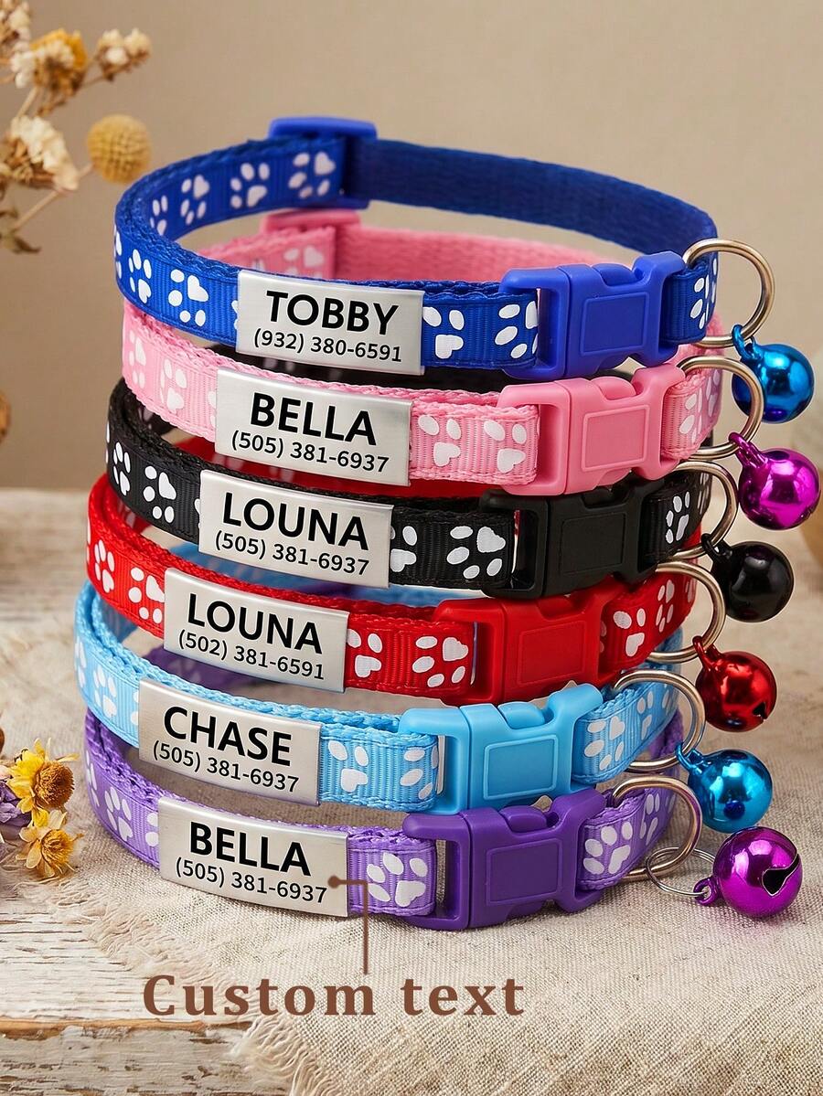 Collier pour chat personnalisé avec motif empreinte de patte, en nylon, personnalisable avec le nom de l'animal de compagnie, les coordonnées, l'adresse, médaille anti-perte en acier inoxydable gravée, pour chats de petite et moyenne taille, ornemental, vintage, mignon, Cuties, pour les amoureux des animaux, cadeau de Noël - Multicolore - Voir 1