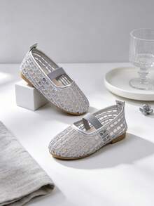 1 Pair Silver Flat Princess Mary Jane Shoes, Hollow Mesh Breathable Non-Slip Soft Sole, Single Strap Ballet Shoes, Girls, Students, Elastic Single Strap Design Cute Sandals Suitable For All Seasons, Match With Skirts And Jeans - Silver - View 7