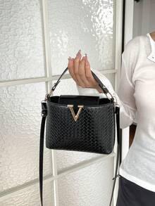 1pc Women's Fashion Commuter Solid Color All-Season Handbag, Portable Versatile Luxury Shoulder Bag, High-Quality Woven Texture Crossbody Bag, Suitable For Dating, Shopping, Gift, Work - Black - View 9