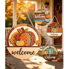 Múltiples Estilos Colgantes de Madera para Puerta de Otoño, Placas Redondas Colgantes de Calabaza & Hoja de Arce, Decoración de Pared y Valla para Interiores & Exteriores - Multicolor - Ver 2