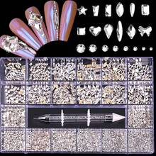 Nail Art Flat Back Rhinestone Set, 21 Compartments Storage Box With 2500pcs Round Rhinestones And 600pcs  Asymmetrical Shaped Rhinestones, Including Glue Pen, Suitable For DIY Nail Decoration - 白色 - 查看 6