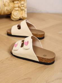 Girls' Double Hook & Loop Heart-Shaped Sandals, Soft Cork Arch Support, Non-Slip Flat Bottom Slippers, Summer Outdoor Casual Slides, Adjustable Strap Soft Sole Indoor/Outdoor Beach Flip-Flops - Apricot - View 4