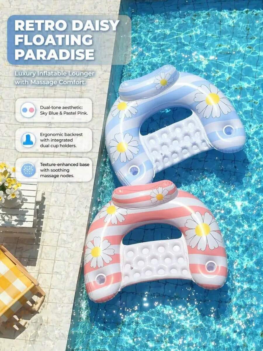 2pcs Inflatable Pool Float Chair Set, Daisy Print Pool Float, U-Shaped Backrest With Cup Holder And Headrest, Adult Summer Floating Bed, Pool Party Supplies - Multicolor - View 1