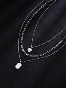 3 PiecesVintage Stainless Steel Necklace Set For Women Featuring Heart And Square Mother-Of-Pearl Pendants – Perfect For Everyday Layering - Silver - View 6