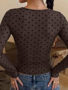 Casual Fashion Mesh Polka Dot Print Square Neck Long Sleeve Slim Fit Women's Top, Autumn/Winter New Style, Vintage Daily Commute, Outing, Holiday, Date Wear - Brown - View 3